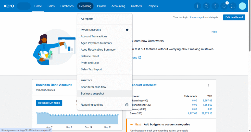 xero business snapshot menu