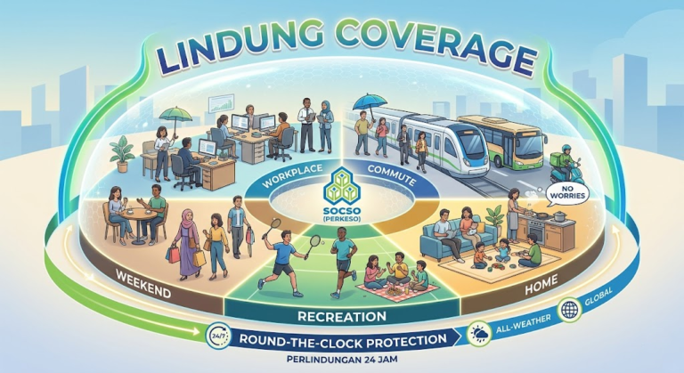 Infographic of Lindung Coverage showing daily life sectors—workplace, commute, home, weekend, and recreation with 24/7 protection.
