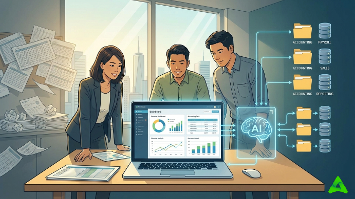 Three coworkers review dashboards on a laptop as AI analyzes data and connects to folders labeled Accounting, Payroll, and Sales for different departments in a modern office.